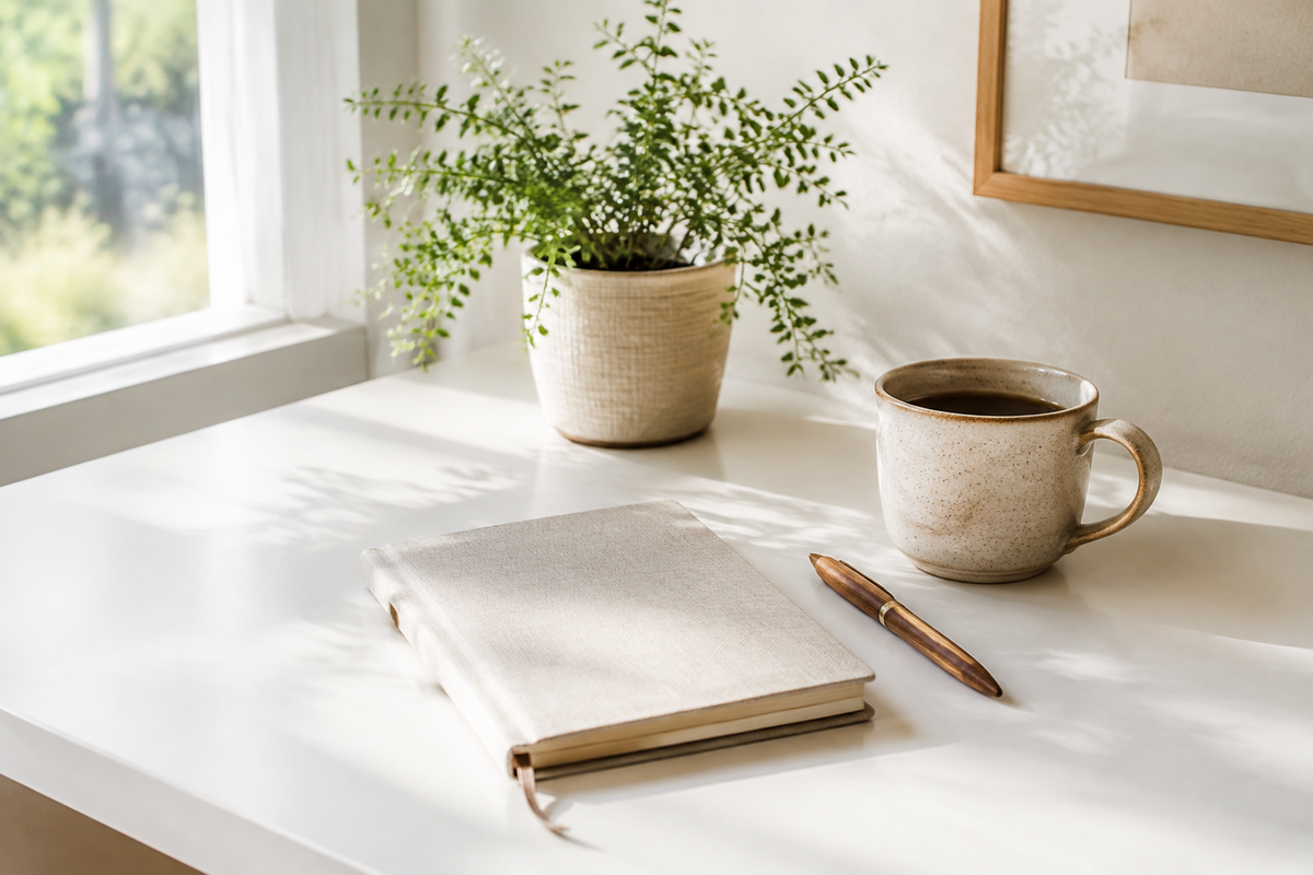 A quiet moment at a kitchen table with a notebook and everyday tasks