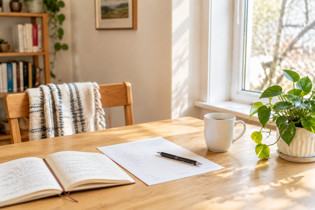 A quiet moment of planning at a sunlit table