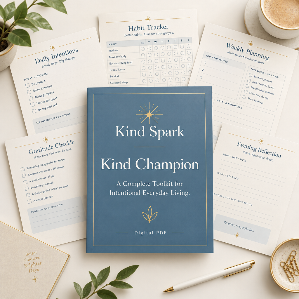 Kind Champion digital PDF toolkit cover and workbook pages mockup